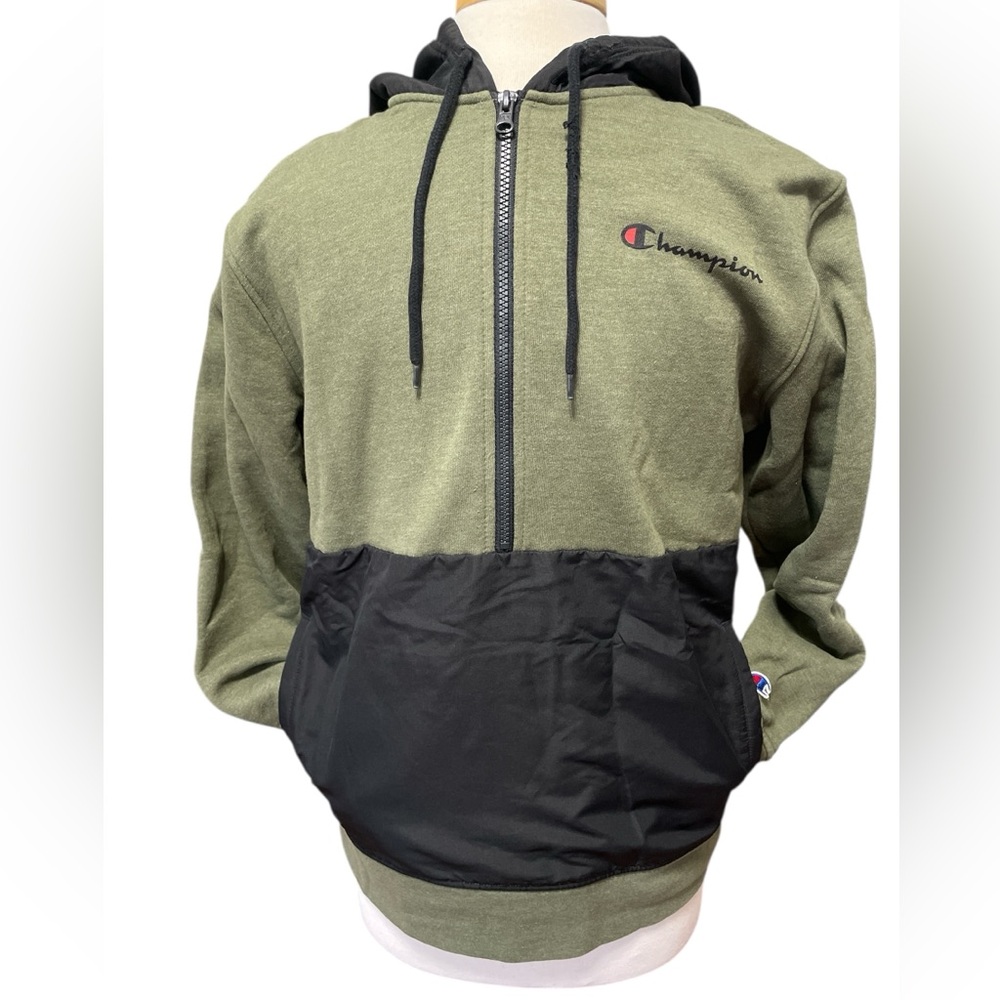 Men's Champion Ripstop Halfzip Pullover Hoodie Green Black Medium